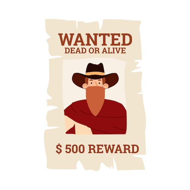 Vector poster with wild west bandit cowboy in hat and mask wanted for reward