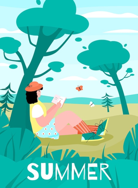 Vettore poster vettoriale di una giovane donna che si rilassa in una giornata estiva nella natura