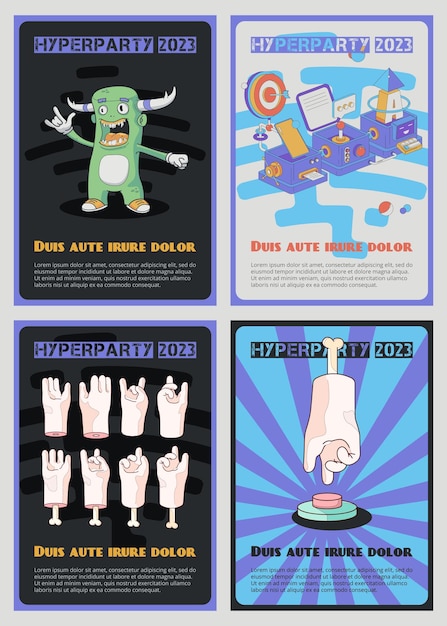 vector posters about the party Monster technology and a hand with a button