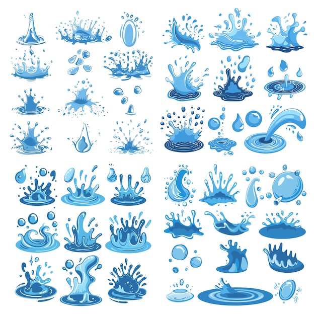 Vector vector pouring water splashes and drops flat icons set vector illustration isolated on background