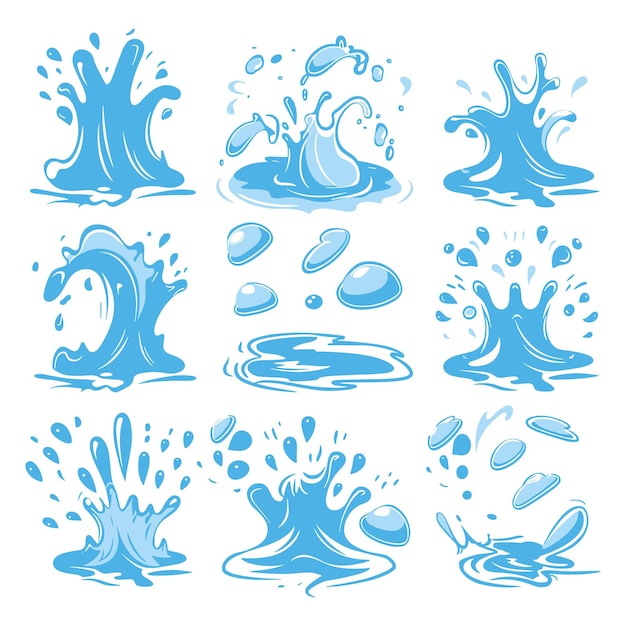 Vector vector pouring water splashes and drops flat icons set vector illustration isolated on background