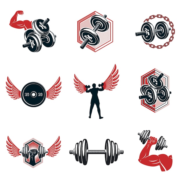 Vector powerlifting thema illustraties collectie gemaakt met behulp van halters en schijfgewichten sportuitrusting. Bodybuilder lichaam silhouet.