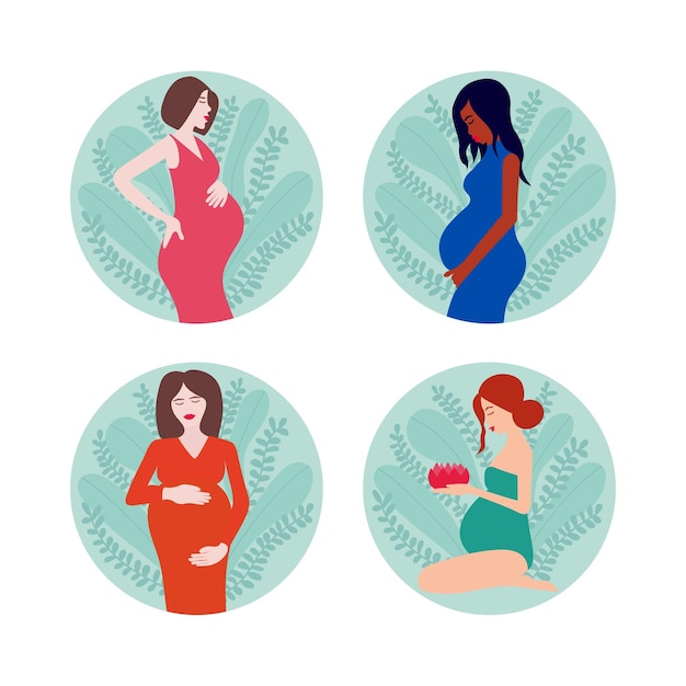 Vector pregnancy icon set Different kinds of women holding their belly Green leaves backgrounds Pregnant woman holds her belly Motherhood concept