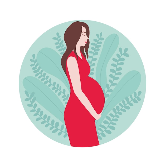 Vector pregnant woman Woman holds her belly Vector stock illustration Pregnancy flat logo Different leaves background