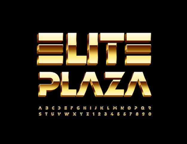 Emblema premium vettoriale elite plaza 3d font elegante lettere e numeri dell'alfabeto futuristico dorato