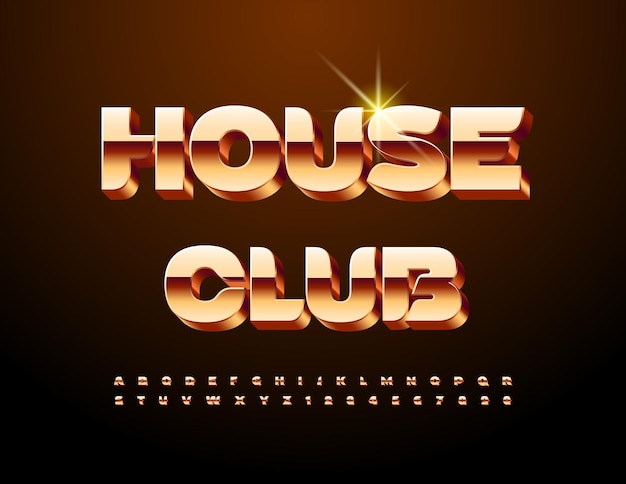 Vector premium emblem House Club Trendy Gold Font Cool 3D Alphabet Letters and Numbers set