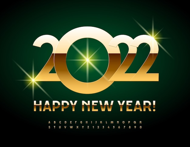 Vector premium wenskaart gelukkig nieuwjaar 2022 elegante gouden alfabetletters en cijfers set
