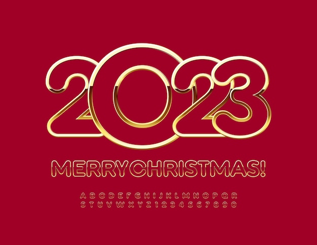 Vector premium wenskaart vrolijk kerstfeest 2023! rode en gouden chique lettertype. elite alfabetletters