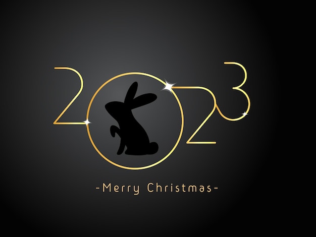 Vector prettige kerstdagen en gelukkig nieuwjaar 2023 met zwarte konijn banner op zwarte achtergrond