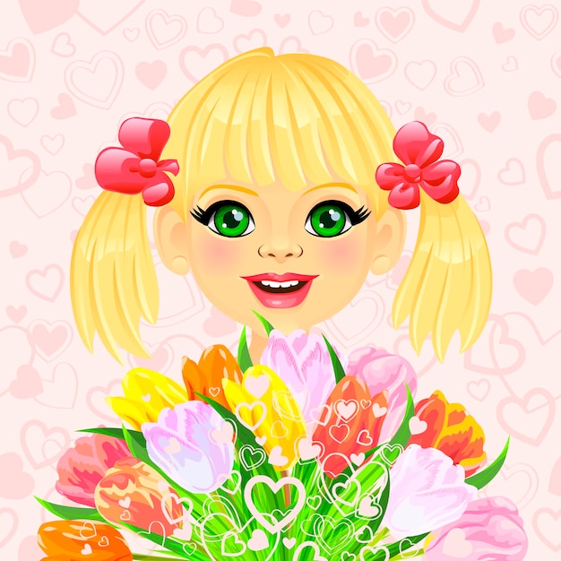 Vector pretty sweet girl with a festive bouquet of flowers