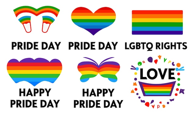 Etichette con il logo del giorno dell'orgoglio vettoriale con il set di bandiere