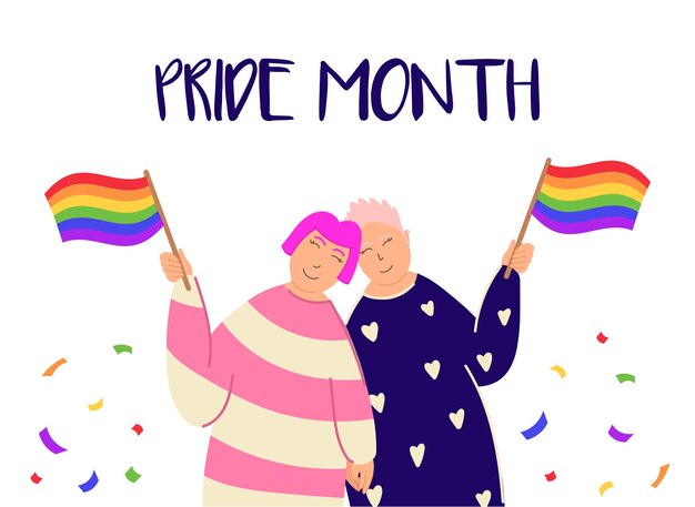 Vector Pride maand poster met twee lachende vrouwen die lgbt-vlaggen vasthouden