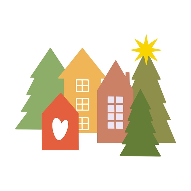 Векторная печать для рождественских открыток с нарисованной вручную зимней елкой, домом и текстурой