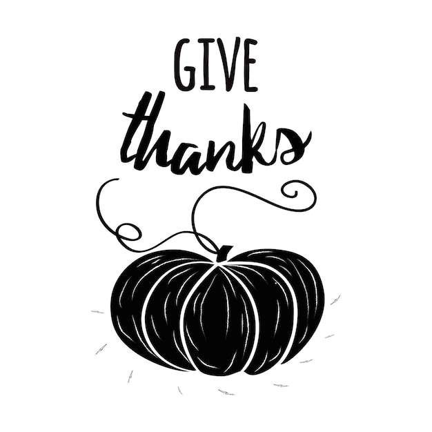 Vector print with hand drawn black pampkin and text Give Thanks on white background banner logo sign label card