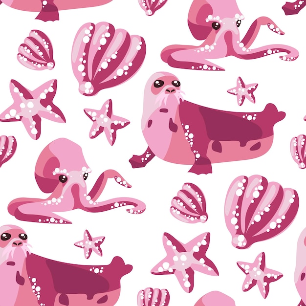 Vector print with a seamless pattern of pink octopus seal shell star on a white Marine animals swim