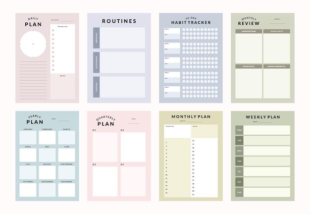 Vector vector printable template collection, weekly planner, monthly planner, yearly planner, habit tracker