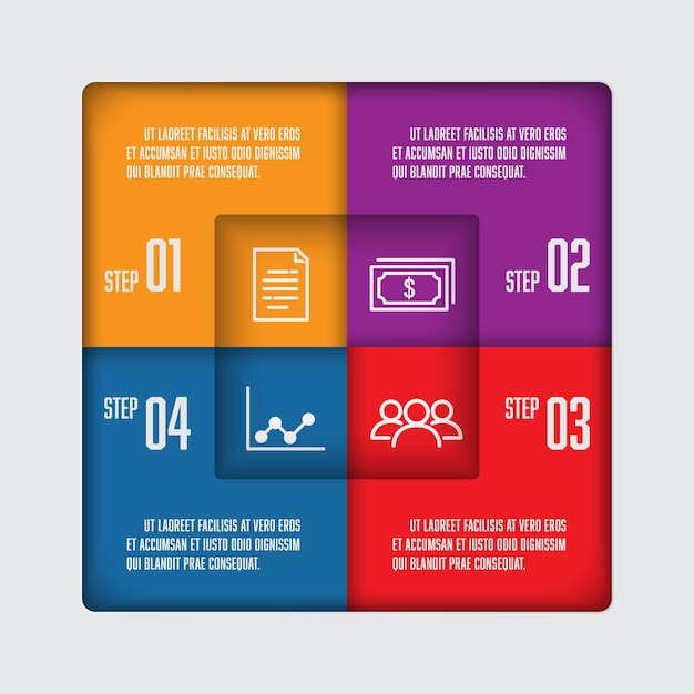 Modello infografico del diagramma di processo vettoriale per la presentazione con il concetto di business quadrato in 4 fasi