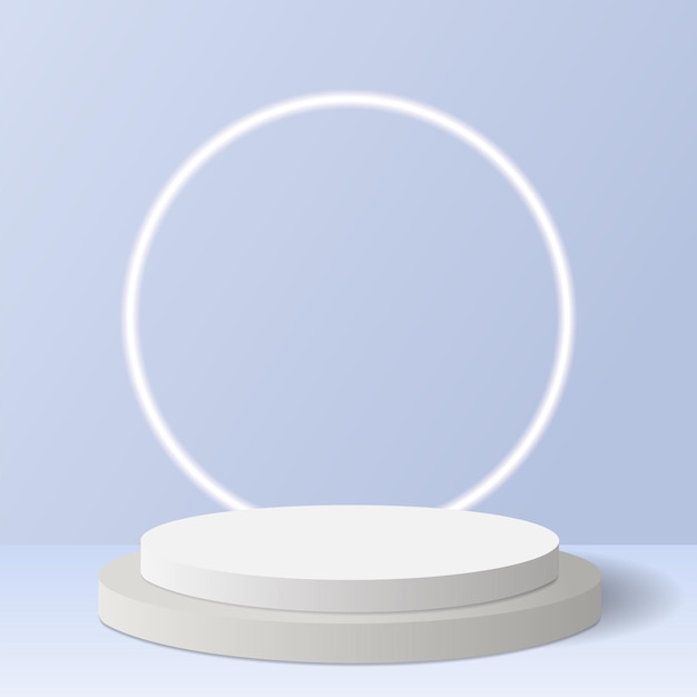 Vector product podium with neon circle on blue studio background. Layout for your design.