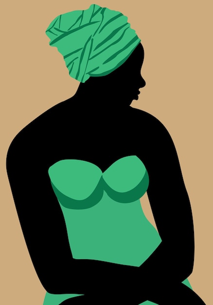 Векторный профильный портрет африканской женщины в зеленом платье и тюрбане на светло-бежевом фоне.