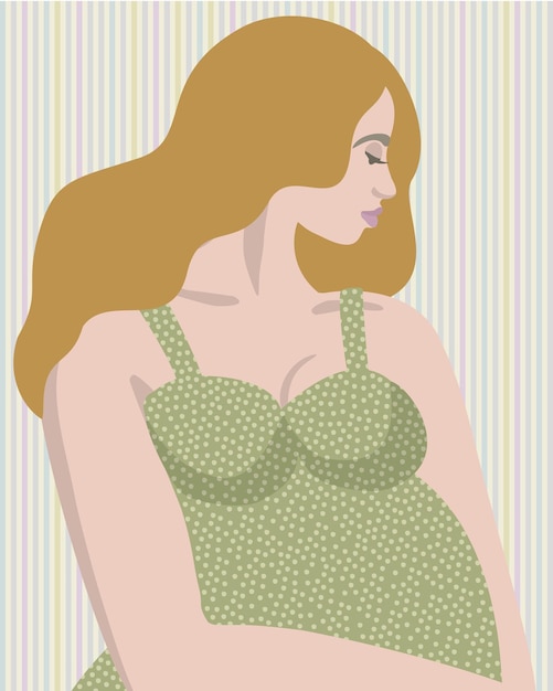 Vector vector profile portrait of young redhead pregnant woman in green dress on striped background.