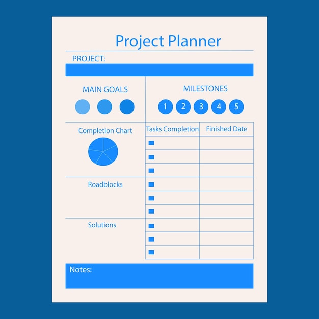 Vettore pianificatore di progetto vettoriale con obiettivi principali e modello di organizzatore aziendale blu per il completamento delle attività