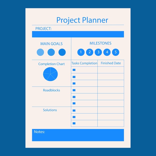 主な目標とタスク完了ブルー ビジネス オーガナイザー テンプレート ベクトル プロジェクト プランナー
