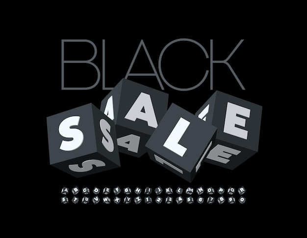 Вектор промо баннер черный продажа кубический творческий шрифт современный алфавит буквы и цифры набор