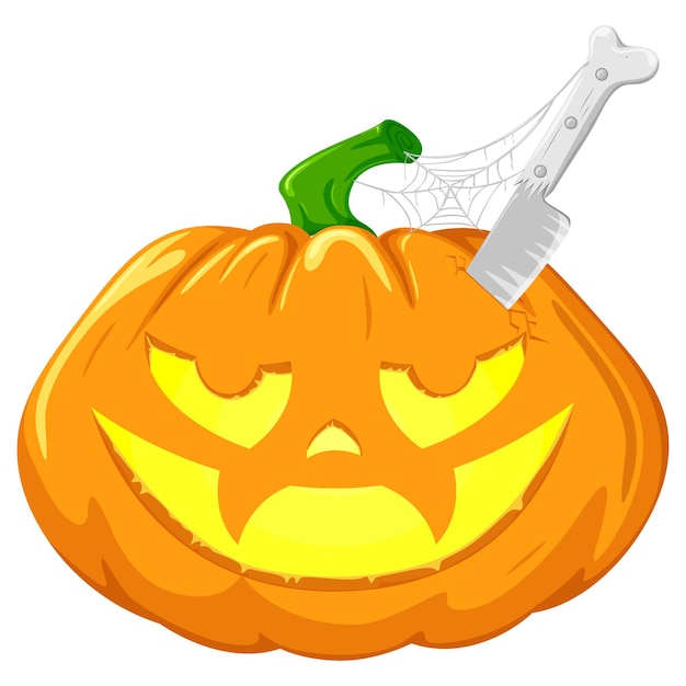 Vector pumpkin with a knife with a handle in the form of a bone for a halloween party.