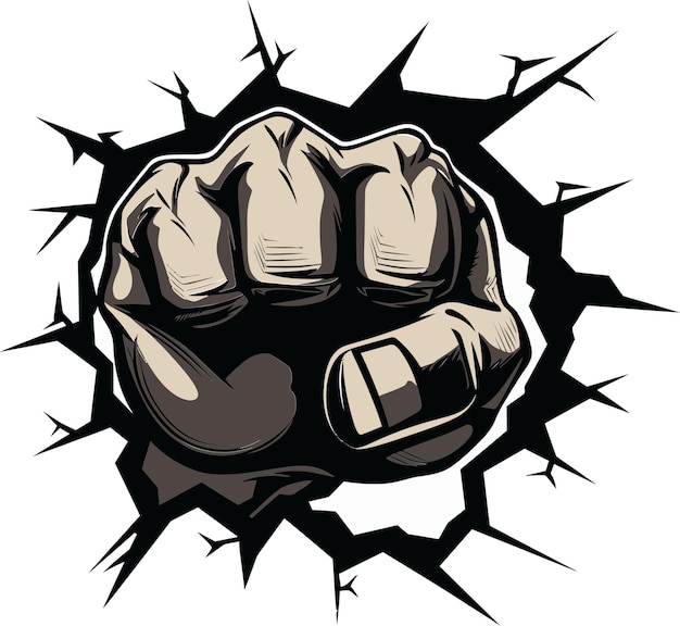 Vector punch fist breaking through the wall icon impactful power black logo design with fist and wa