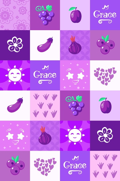 Vector purple fruit and vegetable pattern