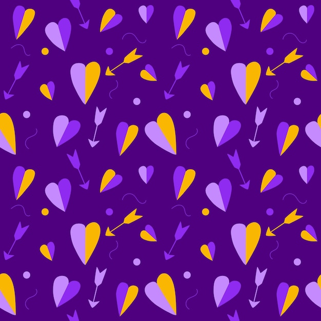 Vector purple and yellow hearts on purple background seamless pattern