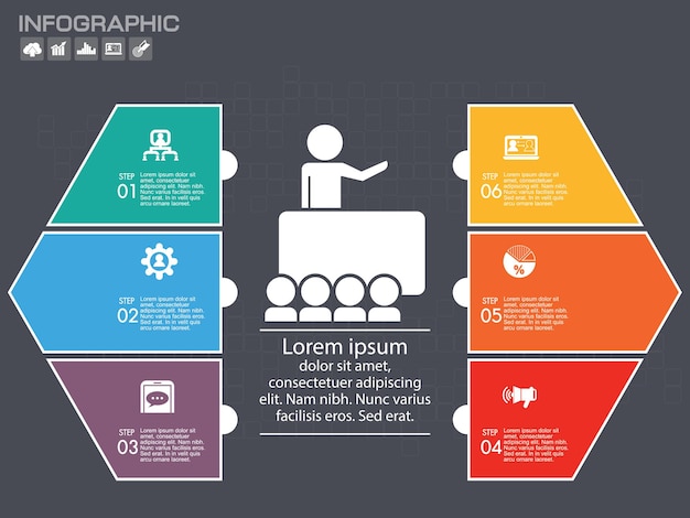 인포 그래픽에 대한 벡터 퍼즐 조각 템플릿입니다. 6가지 옵션이 있는 비즈니스 개념입니다. Eps 10. 다이어그램, 배너, 숫자 옵션, 워크플로 레이아웃, 스텝업 옵션, 웹 디자인 등에 사용할 수 있습니다.