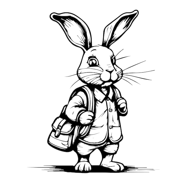 Vector rabbit cartoon bunny with backpack in school cute sketch character design rabbit schoolboy in