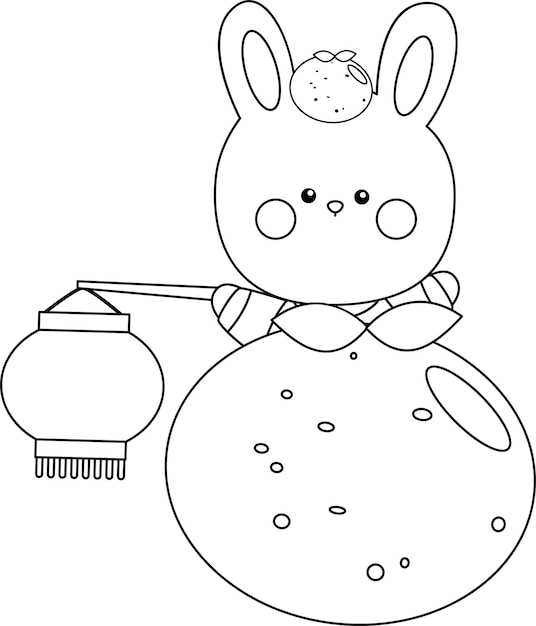 A vector of a rabbit and orange holding a lantern in black and white coloring