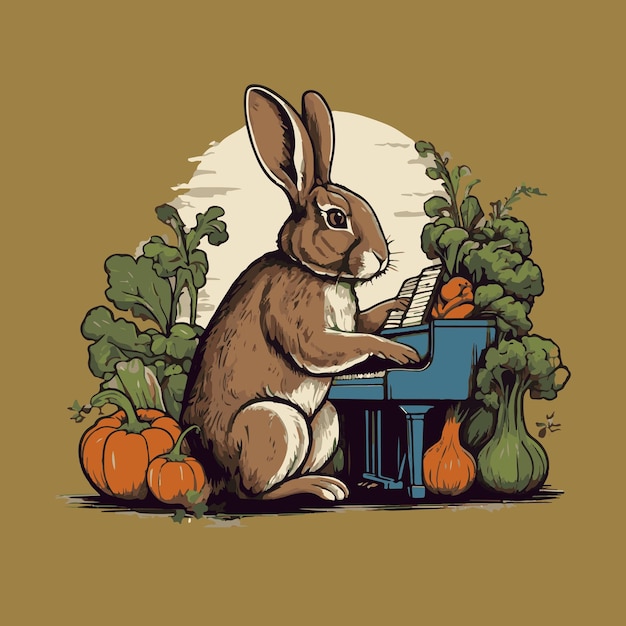 Vector rabbit playing piano background of vegetable vector illustration art design for tshirt