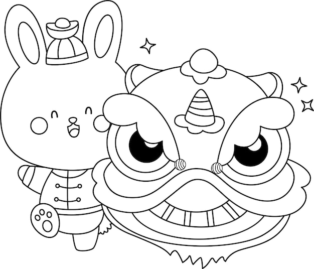 a vector of a rabbit with a lion dance in black and white coloring