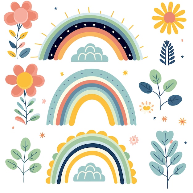 Vector rainbow with clouds and flowers