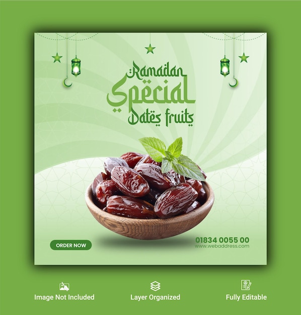Vector ramadan dateert fruit en hamburger eten sociale media banner en instagram post ontwerpsjabloon