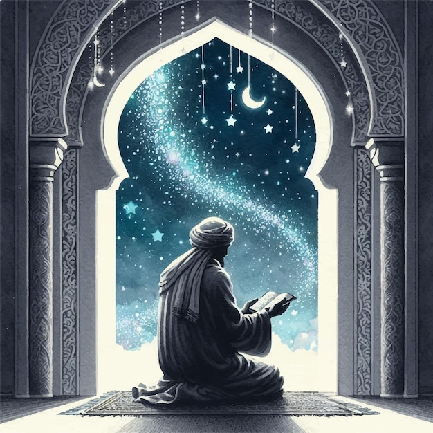 ベクトル ベクター ラマダン グリーティング カード アート イスラム教徒 冬の真夜中に星空で祈る