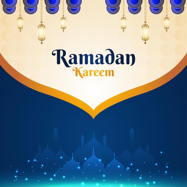 Vector ramadan kareem en eid mubarak gouden en blauwe wenskaart