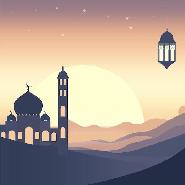 Vector ramadan kareem landschap met zonsondergang achtergrond