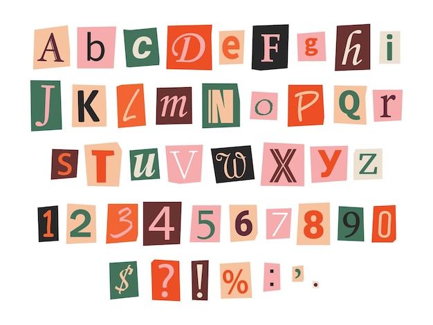 Vector ransom font in y2k style Letters numbers and punctuation marks cutouts from newspaper or magazine Criminal alphabet set Retro ransom colorful text