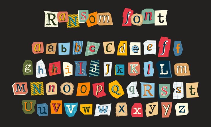 Vector vector ransom lettertype geïsoleerd op zwarte achtergrond voor collages en scrapbooks