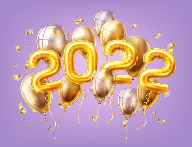 Vector realistic 2022 pink air balloons with confetti new year, merry christmas celebration decoration design elements. traditional xmas party greeting symbols illustration purple background