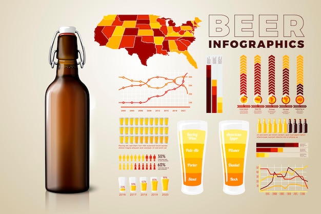 Вектор Вектор реалистичные 3d пивная бутылка с бизнес-инфографикой, значками и диаграммами, изолированными на ярком фоне.
