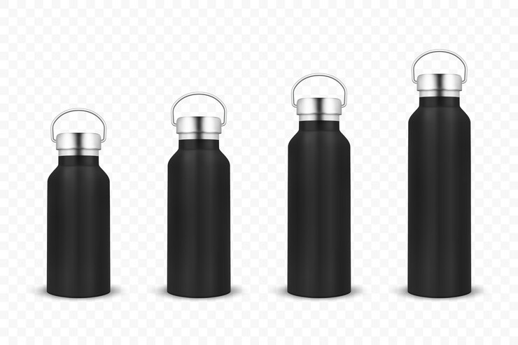 Vector vector realistic 3d black blank glossy metal reusable water bottle icon set with silver bung closeup isolated on white background design template of packaging mockup front view
