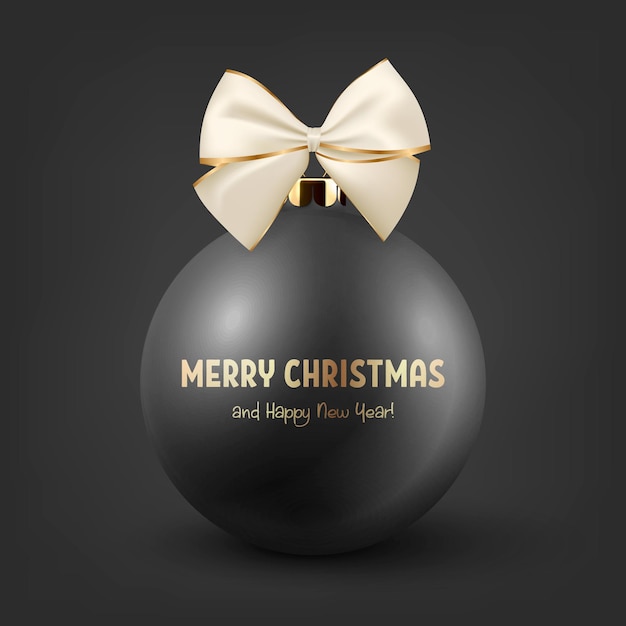 Vector Realistic 3d Black Christmas Glass Ball with White and Golden Silk Bow Closeup