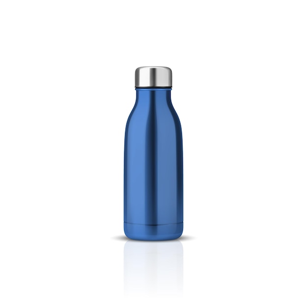 Vector Realistic 3d Blue Blank Glossy Metal Reusable Water Bottle met Silver Bung Closeup geïsoleerd op witte achtergrond Ontwerp sjabloon van Packaging Mockup Front View
