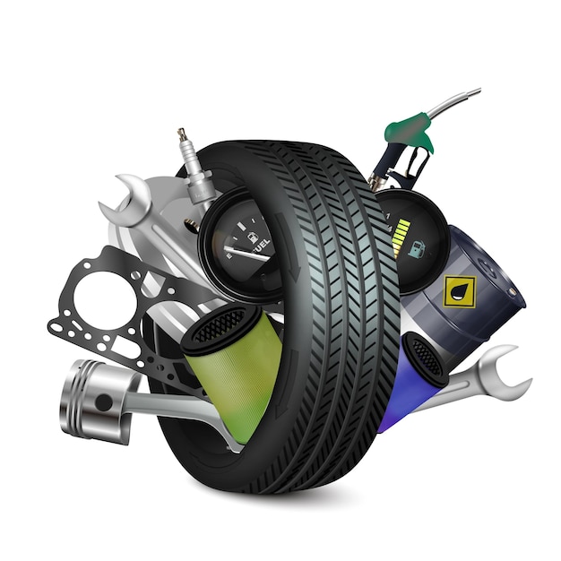 Vector realistic 3d car tire with auto parts isolated on white background