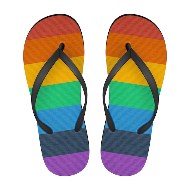 Colori 3d realistici di vettore dell'arcobaleno flip flop set closeup isolato su sfondo bianco modello di progettazione di summer beach holiday flip flop coppia per pubblicizzare il logo stampa mockup vista frontale